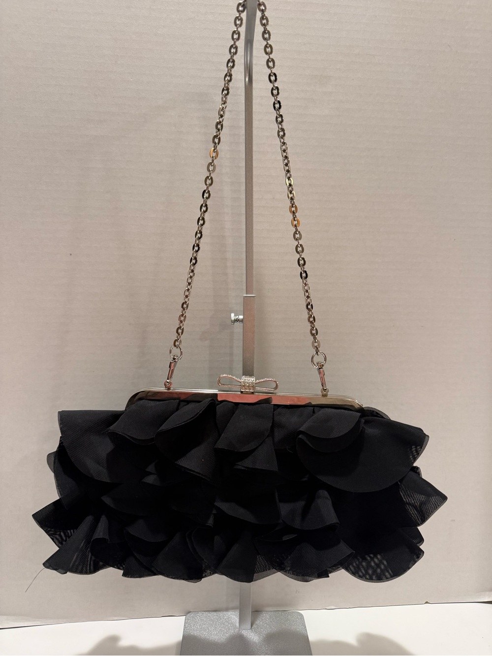 Like New! Elegant Black Ruffled Chain-Handle Clutch with Crystal Detail